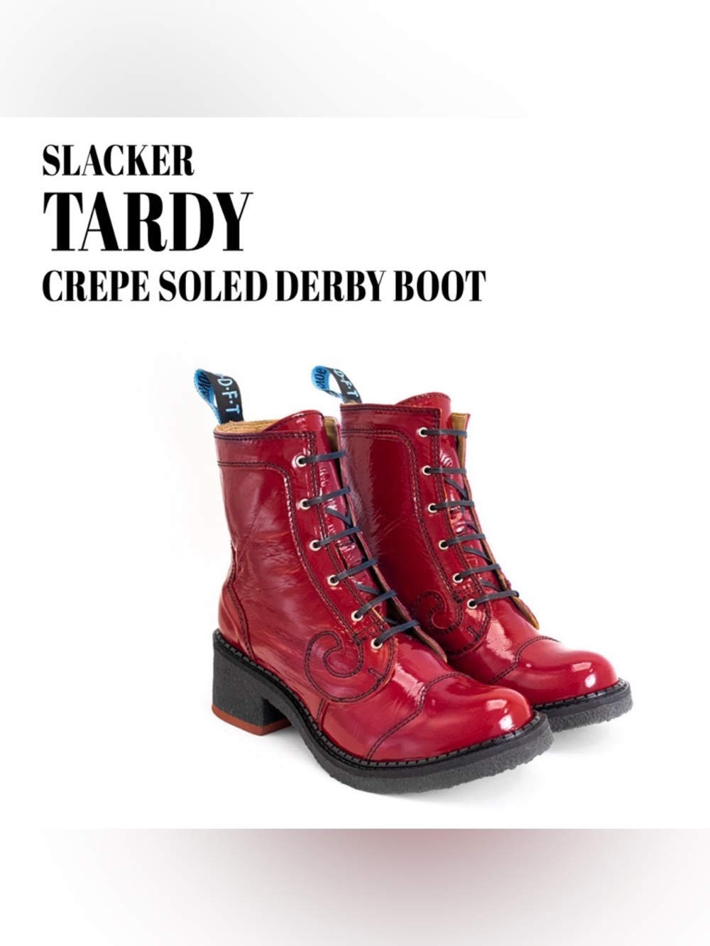 Fluevog NEARLY NEW Slacker Tardy red patent crepe sole lace-up boot-6.5 (fits 6)